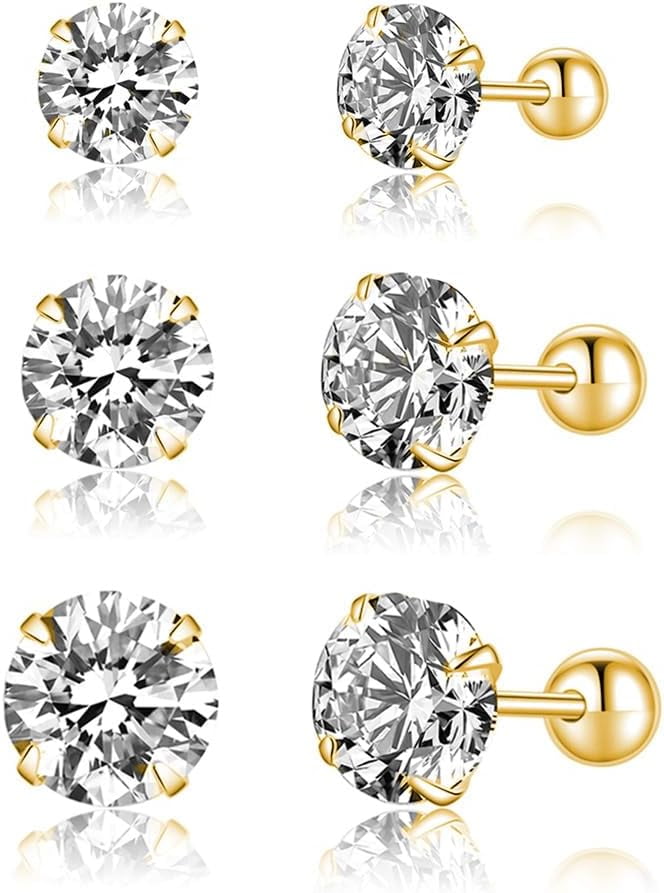 Sterling Silver Round Simulated Diamond Stud Earrings for Women Teens Round CZ Stud Earrings Set Screw Back Small CZ Ear Stud Set 3 Pairs