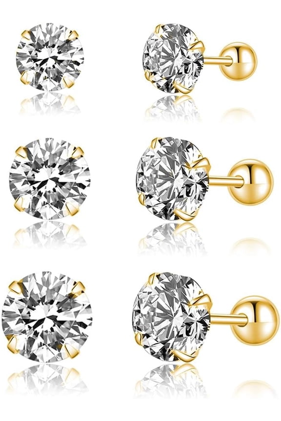 Sterling Silver Round Simulated Diamond Stud Earrings for Women Teens Round CZ Stud Earrings Set Screw Back Small CZ Ear Stud Set 3 Pairs