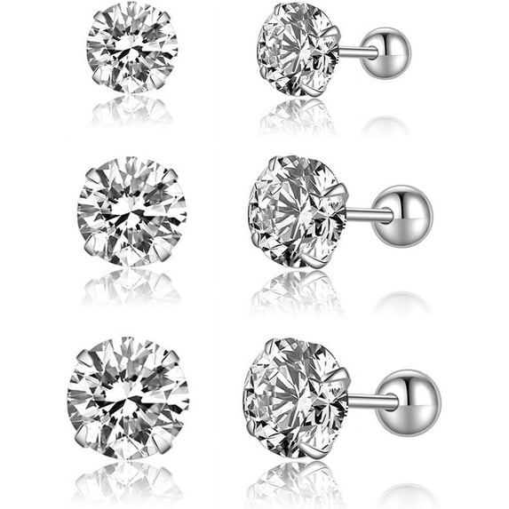 Sterling Silver Round Simulated Diamond Stud Earrings for Women Teens Round CZ Stud Earrings Set Screw Back Small CZ Ear Stud Set 3 Pairs