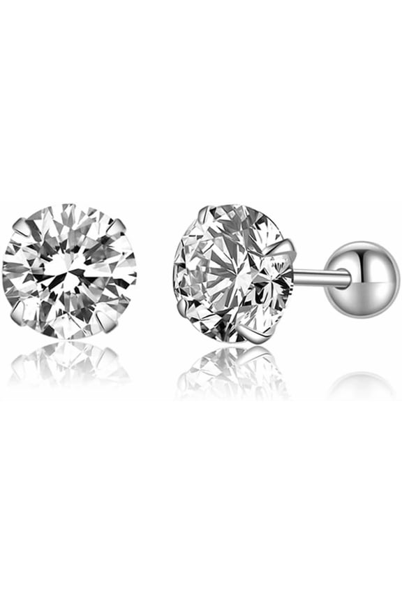 Sterling Silver Round Simulated Diamond Stud Earrings for Women Teens Round CZ Stud Earrings Set Screw Back Small CZ Ear Stud