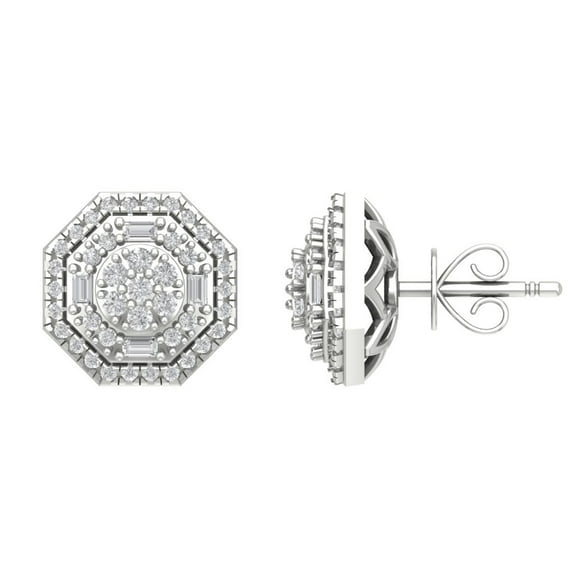 Sterling Silver Round and Baguette Diamond Stud Earrings (1/2 cttw, I-J Color, I2-I3 Clarity)