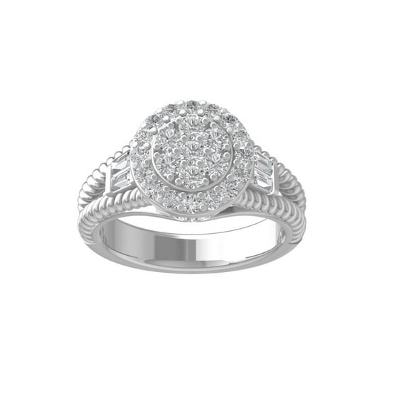Sterling Silver Round and Baguette shape Lab Grown Diamond Engagement Ring (1 cttw, VS Clarity, D-F Color) Size 6.5