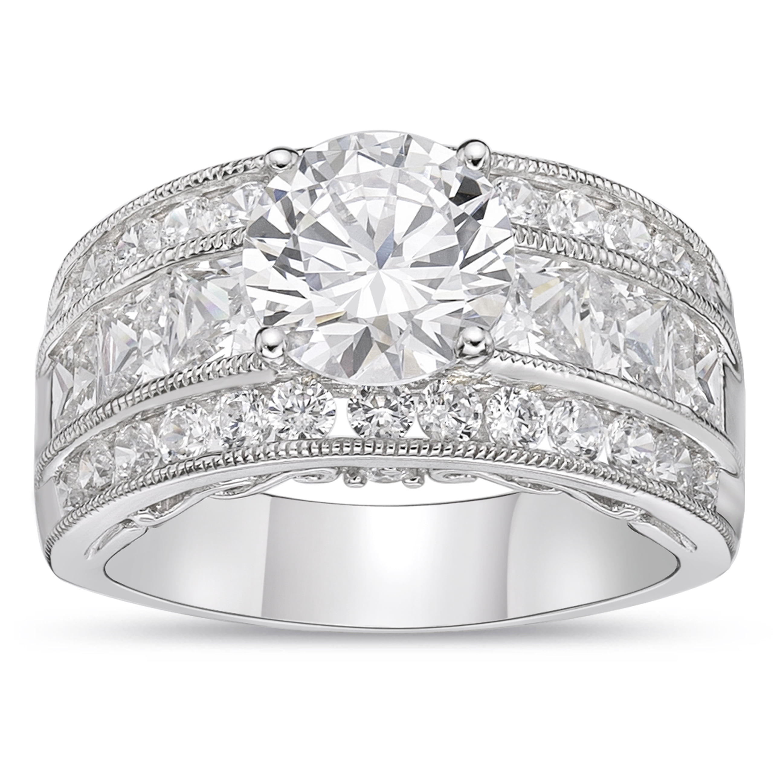 Sterling Silver Round center with channel set Princess cut Simulated Diamond Band Ring