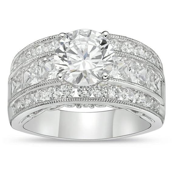 Sterling Silver Round center with channel set Princess cut Simulated Diamond Band Ring