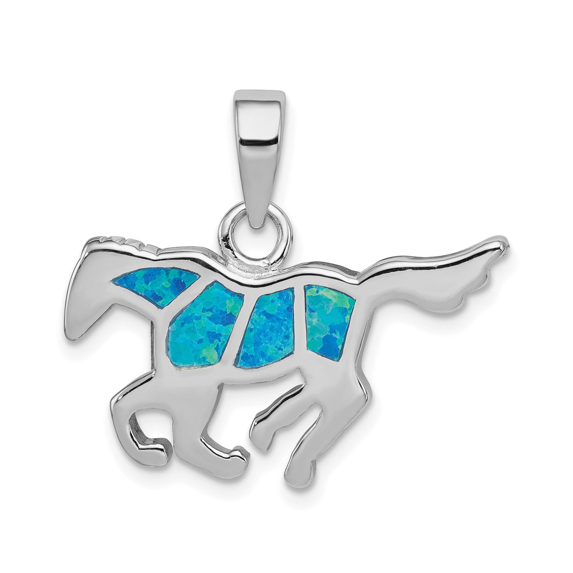 925 Sterling Silver Running Horse Pendant Charm with Lab Created Opal Inlay