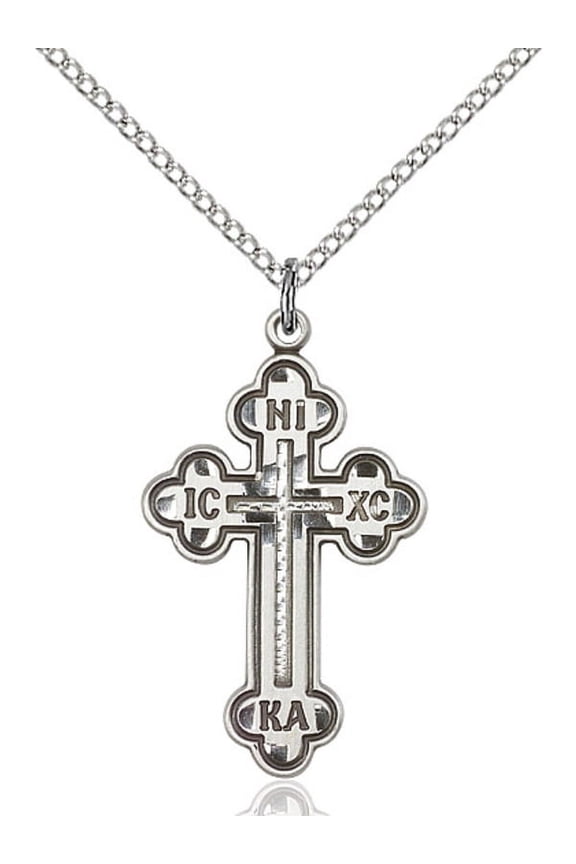 Sterling Silver Russian Cross Pendant 1 1/8 x 5/8 inches with Sterling Silver Lite Curb Chain