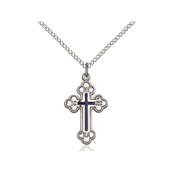 Sterling Silver Russian Cross Pendant 7/8 x 1/2 inches with Sterling Silver Lite Curb Chain