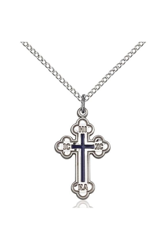 Sterling Silver Russian Cross Pendant 7/8 x 1/2 inches with Sterling Silver Lite Curb Chain