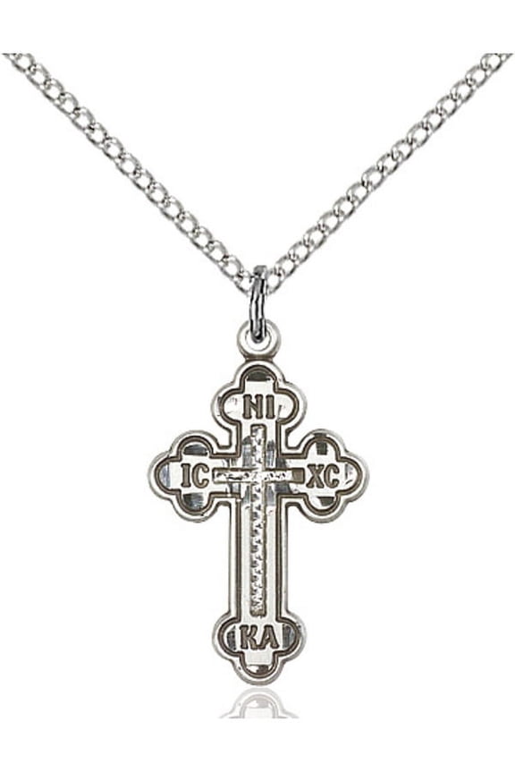 Sterling Silver Russian Cross Pendant 7/8 x 1/2 inches with Sterling Silver Lite Curb Chain