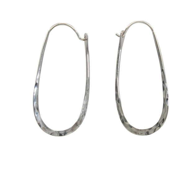 Sterling Silver Rustic Oblong Hammered Hoop Earrings
