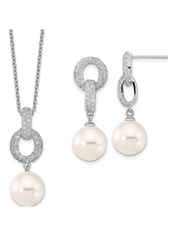 Majestik Sterling Silver Rhodium-plated 10-11mm White Imitation Shell Pearl and CZ Earrings and Spring Ring Clasp 17 inch Necklace Set