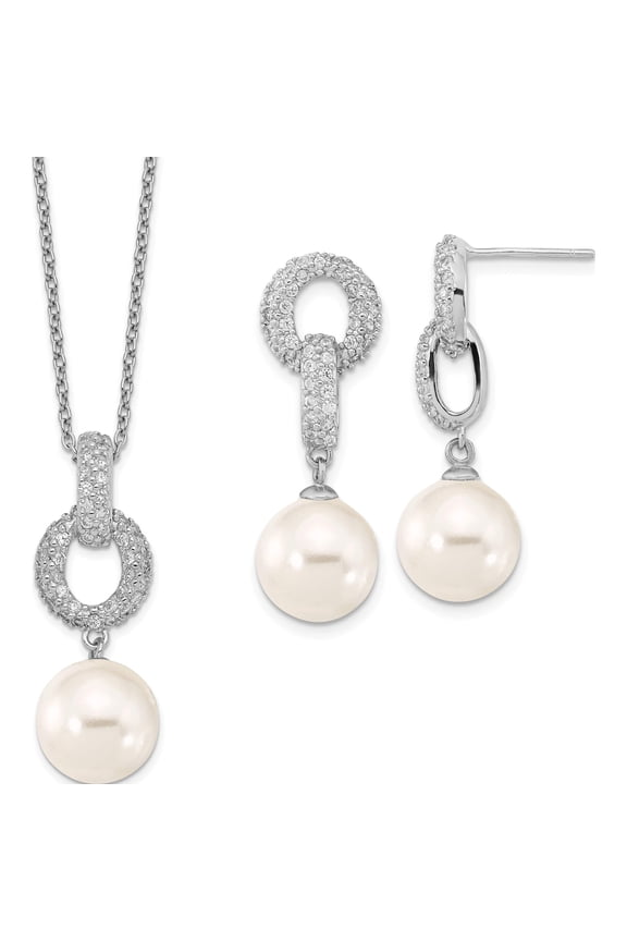 Majestik Sterling Silver Rhodium-plated 10-11mm White Imitation Shell Pearl and CZ Earrings and Spring Ring Clasp 17 inch Necklace Set