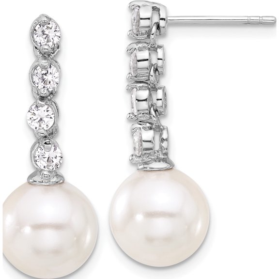 Sterling Silver S Majestik Rh-Pl 10-11Mm Wht Imit Shell Pearl/Cz Dangle Earrings (Width 10.1) (Length 27.15) - Jbsp