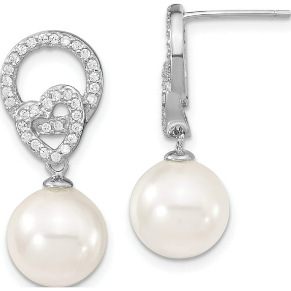 Sterling Silver S Majestik Rh-Pl 10-11mm Wht Imitat Shell Pearl & Cz Dangle Earrin Made In China qmje107w