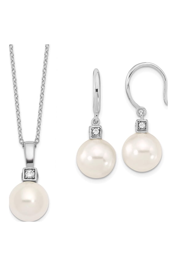 Majestik Sterling Silver Rhodium-plated 10-11mm White Imitation Shell Pearl and CZ Earrings and Spring Ring Clasp 17 inch Necklace Set