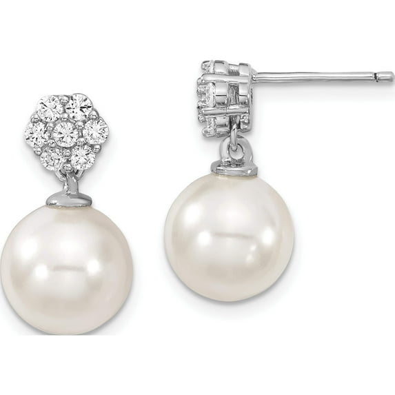 Sterling Silver S Majestik Rh-Pl 10-11mm Wht Imitat Shell Pearl Cz Post Dangle Ear Made In China qmje112w