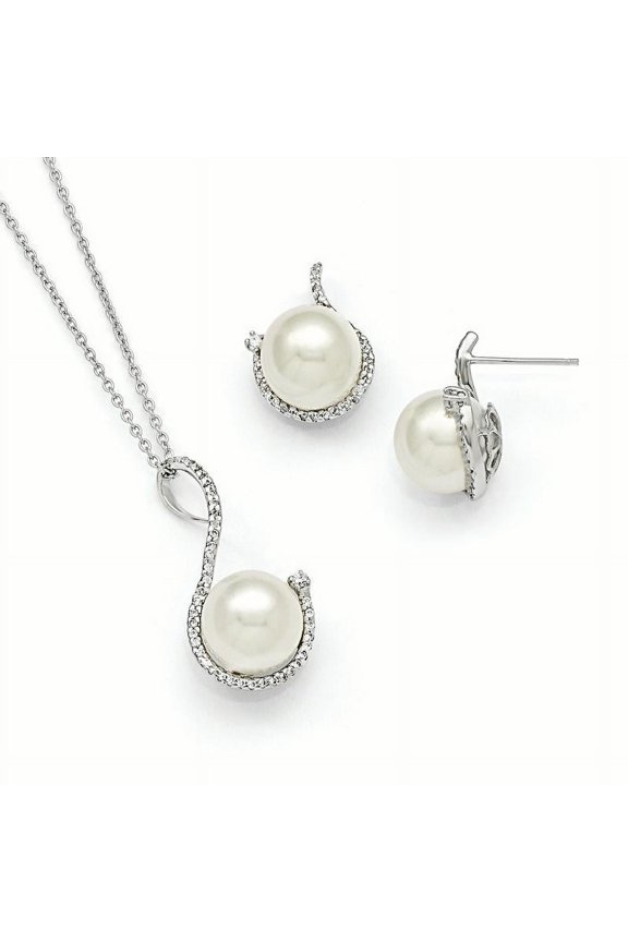 Majestik Sterling Silver Rhodium-plated 10-12mm White Imitation Shell Pearl and CZ Earrings and Spring Ring Clasp 17 inch Necklace Set