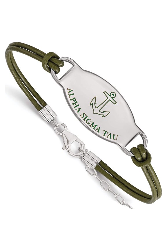 Sterling Silver S. Rh-P Logoart Alpha Sigma Tau Enameled Oval Leather Bracelet (7 X 33) Made In United States ss018als-7