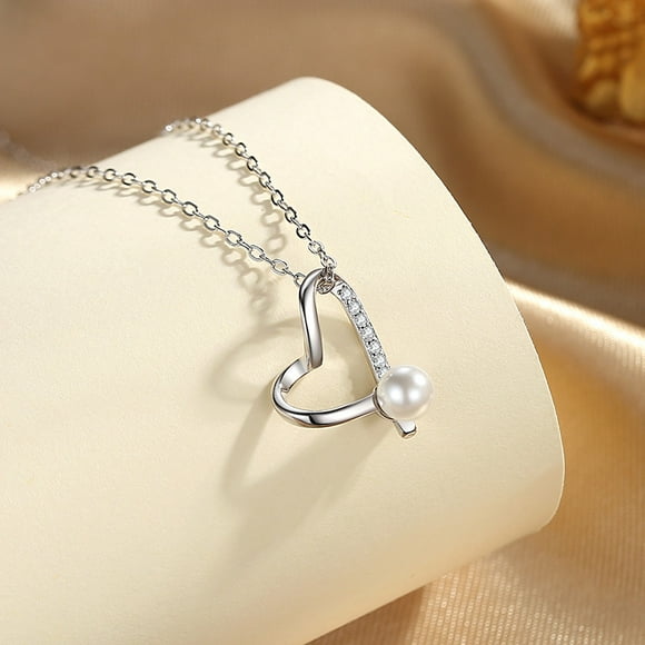 Sterling Silver S925 Love Necklace Women's Fashion Premium Heart Collarbone Chain Synthetic Pearl Sweet Jewelry
