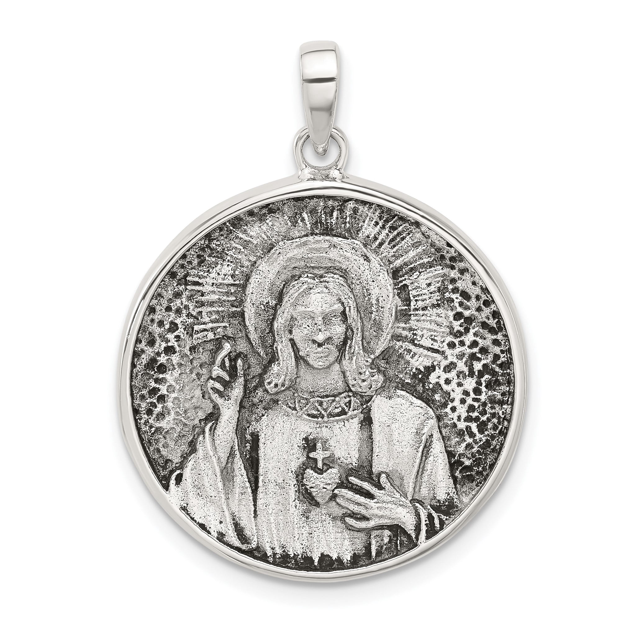 Sterling Silver Sacred Heart of Jesus Pendant Necklace, Round Catholic ...