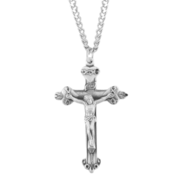 Sterling Silver Sacred Hearts Crucifix Pendant Necklace, 24" Endless Rhodium Plated Stainless Steel Chain, Made in USA- Deluxe Velvet Gift Box Included