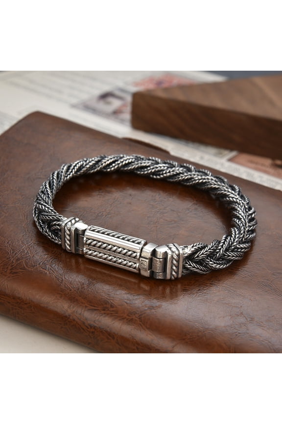 Sterling Silver Safety Pattern Woven Fox Tail Bracelet For Men