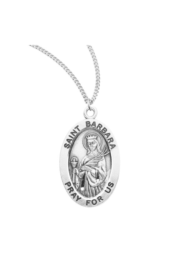 Sterling Silver Saint Barbara Oval Medal Pendant Necklace, 0.9" x 0.6", 18" Rhodium Plated Stainless Steel Chain, Gift Box Included