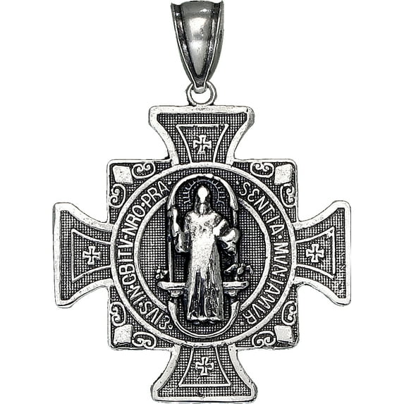 Sterling Silver Saint Benedict Cross Reversible Charm Pendant Necklace 1.3 Inches