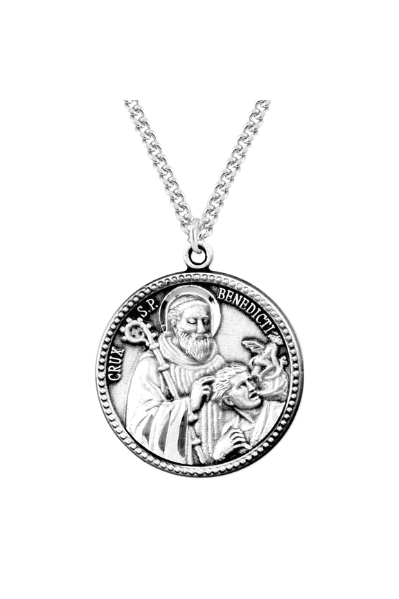 Sterling Silver Saint Benedict Exorcism Round Medal Necklace with Beaded Edge, Protector Against Evil, 20" Rhodium Plated Stainless Steel Chain, Made in USA- Deluxe Velvet Gift Box Included