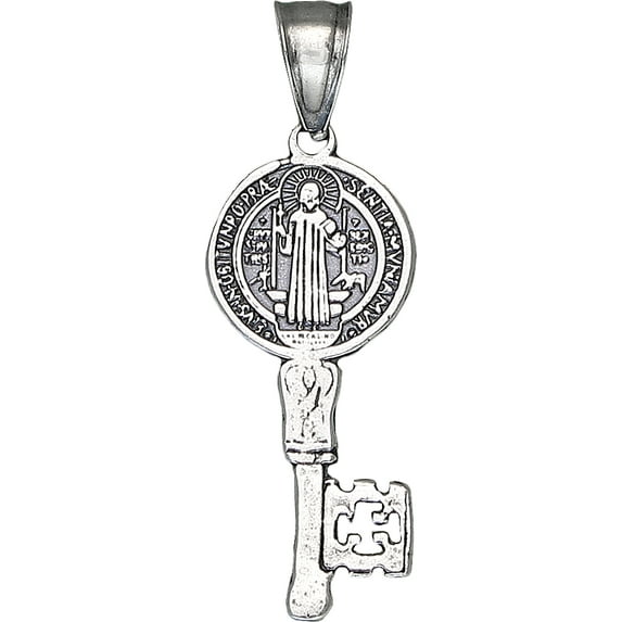 Sterling Silver Saint Benedict Key Medal Reversible Charm Pendant Necklace Antique Finish with 18 Inch Chain