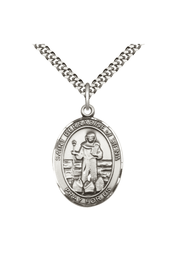 Sterling Silver Saint Bernadine of Sienna Medal Pendant on 24" Rhodium Plated Heavy Curb Brass Chain with Lobster Claw clasp, Catholic Religious Necklace -Made in USA- Deluxe Velvet Gift Box