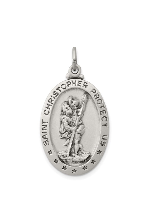 Sterling Silver Saint Christopher Medal for Protection Necklace Brushed Oval Pendant with Celestial Accents Spiritual Faith Jewelry for Daily Wear Devotional Religious Symbol