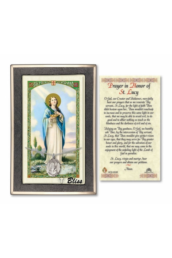 Sterling Silver Saint Lucy Medal on a 18 inch Lite Curb Chain with a Prayer in Honor of St Lucy Prayer Card.