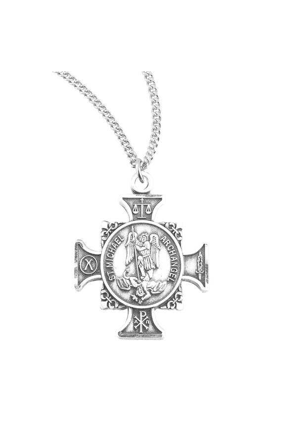 Sterling Silver Saint Michael Maltese Cross Pendant Necklace, Archangel Defeating Devil, 18" Rhodium Plated Stainless Steel Chain, Made in USA- Deluxe Velvet Gift Box Included