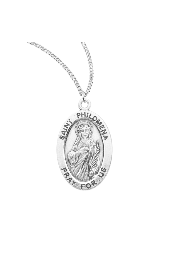 Sterling Silver Saint St. Philomena Medal Pendant, 18" Rhodium Plated Stainless Steel Chain Necklace, Made in USA, Deluxe Velvet Gift Box