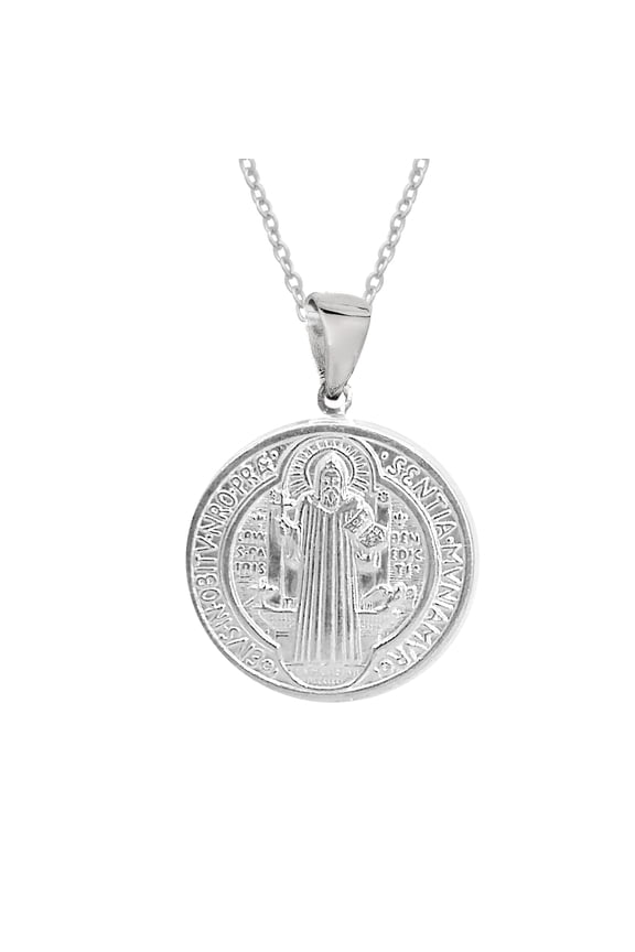 Sterling Silver San Benito St Saint Benedict Medallion Medal 15mm Charm Necklace 24 Inches