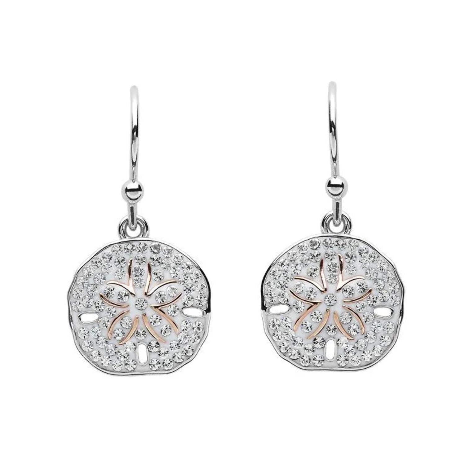 Sterling Silver Sand Dollar Drop Earrings with Clear Crystals