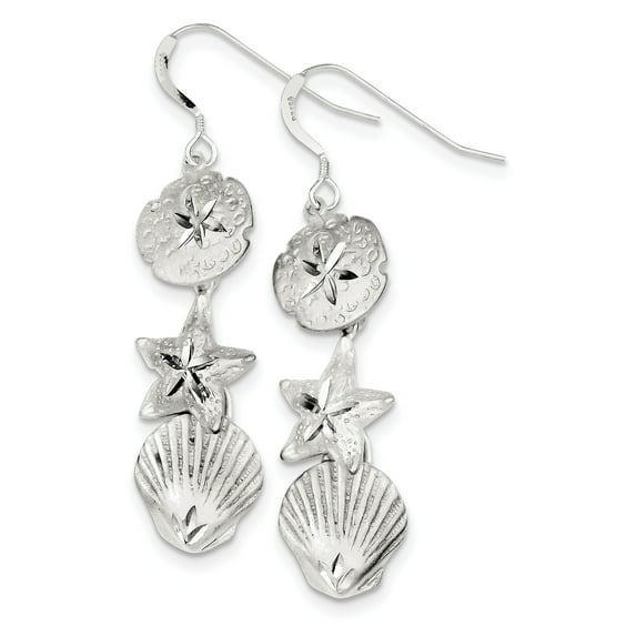 Sterling Silver Sand Dollar, Starfish And Shell Earrings (58 X 15) Made In India qe3336