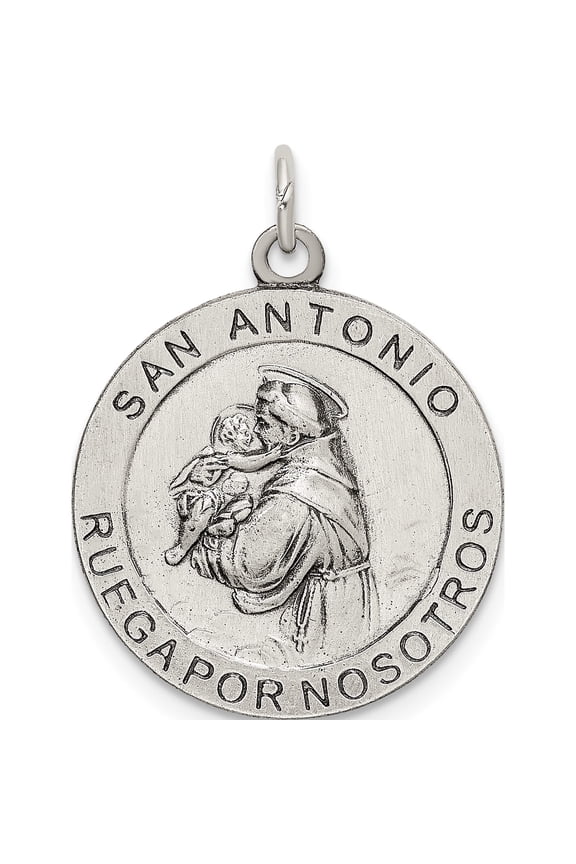 Sterling Silver Satin Antiqued Spanish St. Anthony Medal Pendant