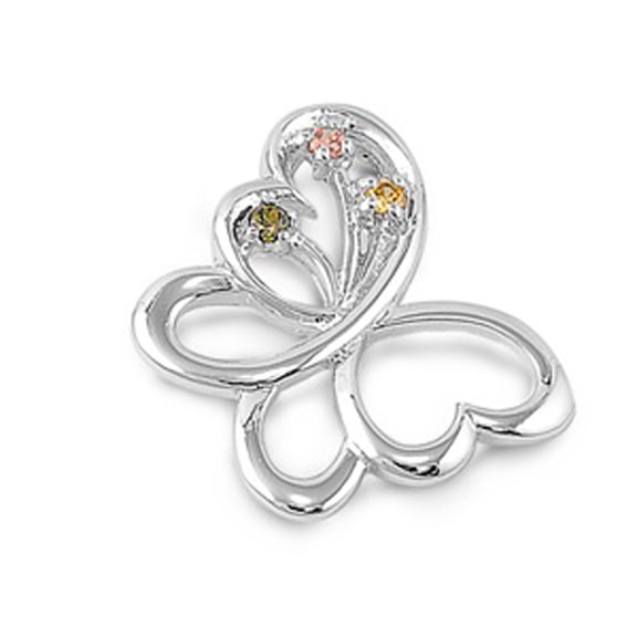 Sterling Silver Scalloped Wing Butterfly Olive Green Cubic Zirconia Pendant Charm Jewelry Female