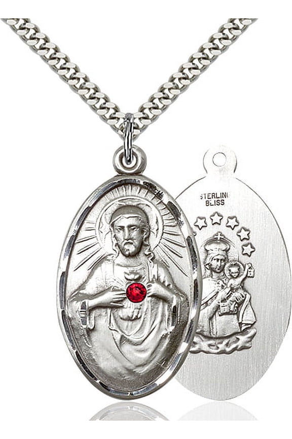 Sterling Silver Scapular Pendant with 3mm July Red Swarovski Crystal 1 3/8 x 3/4 inches with Heavy Curb Chain