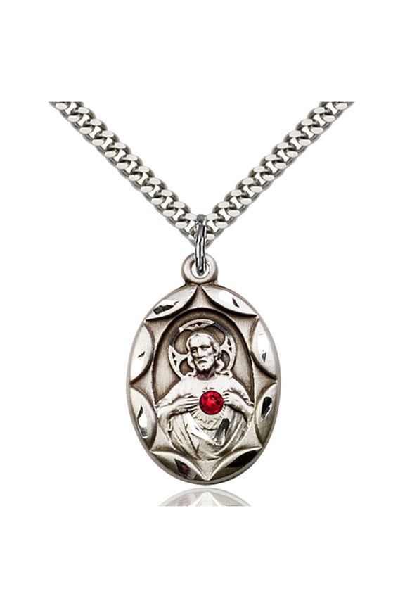 Sterling Silver Scapular Pendant with 3mm July Red Swarovski Crystal 1 x 5/8 inches with Heavy Curb Chain
