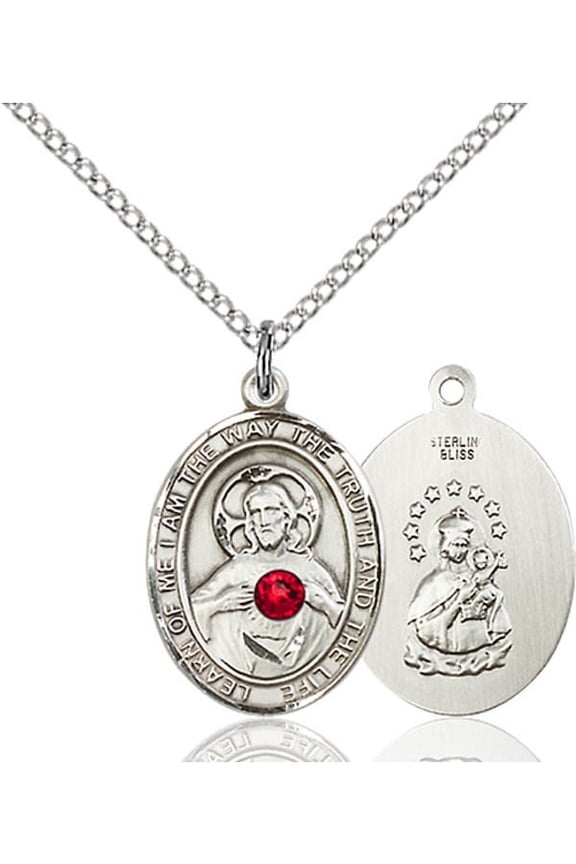 Sterling Silver Scapular Pendant with 3mm July Red Swarovski Crystal 3/4 x 1/2 inches with Sterling Silver Lite Curb Chain