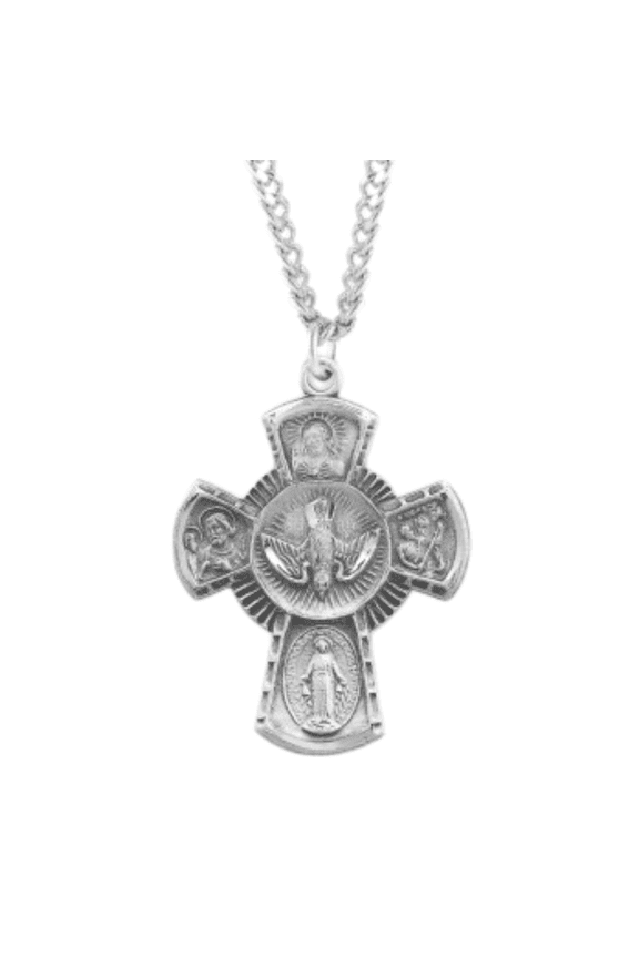 Sterling Silver Scapular Sacred Heart of Jesus Medal, 18" Rhodium Plated Stainless Steel Chain, Deluxe Gift Box