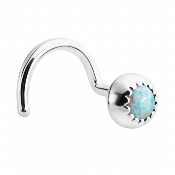 Sterling Silver Screw Studs Shaped Nose Rings, 18-20 GA Corkscrew Nose Piercing (20 GA | Right Side | Screw, White Opal 3mm)