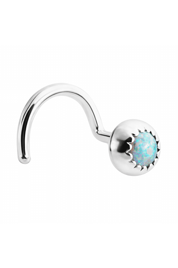 Sterling Silver Screw Studs Shaped Nose Rings, 18-20 GA Corkscrew Nose Piercing (20 GA | Right Side | Screw, White Opal 3mm)