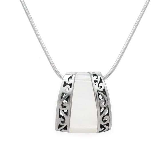 Sterling Silver Scroll Bands Mother of Pearl Slider Pendant Necklace