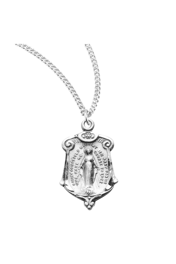 Sterling Silver Scroll Top Miraculous Medal, Fancy Shield-Shaped Pendant Necklace with 18" Rhodium Plated Stainless Steel Chain Made in USA Deluxe Velvet Gift Box
