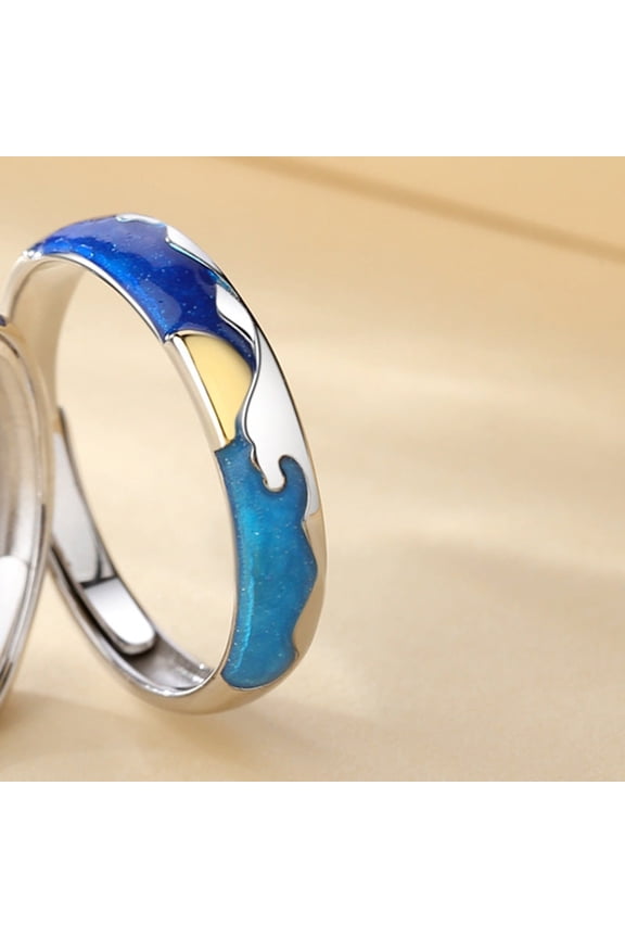 Sterling Silver Sea Moon Ring Adjustable Opening Enamel White Gold Color Finish Elegant Jewelry Sea Theme Ring