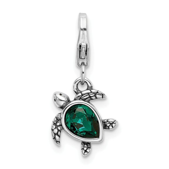 925 Sterling Silver Sea Turtle Pendant Charm with Green Crystal, Unisex, Jewelry Stores Network